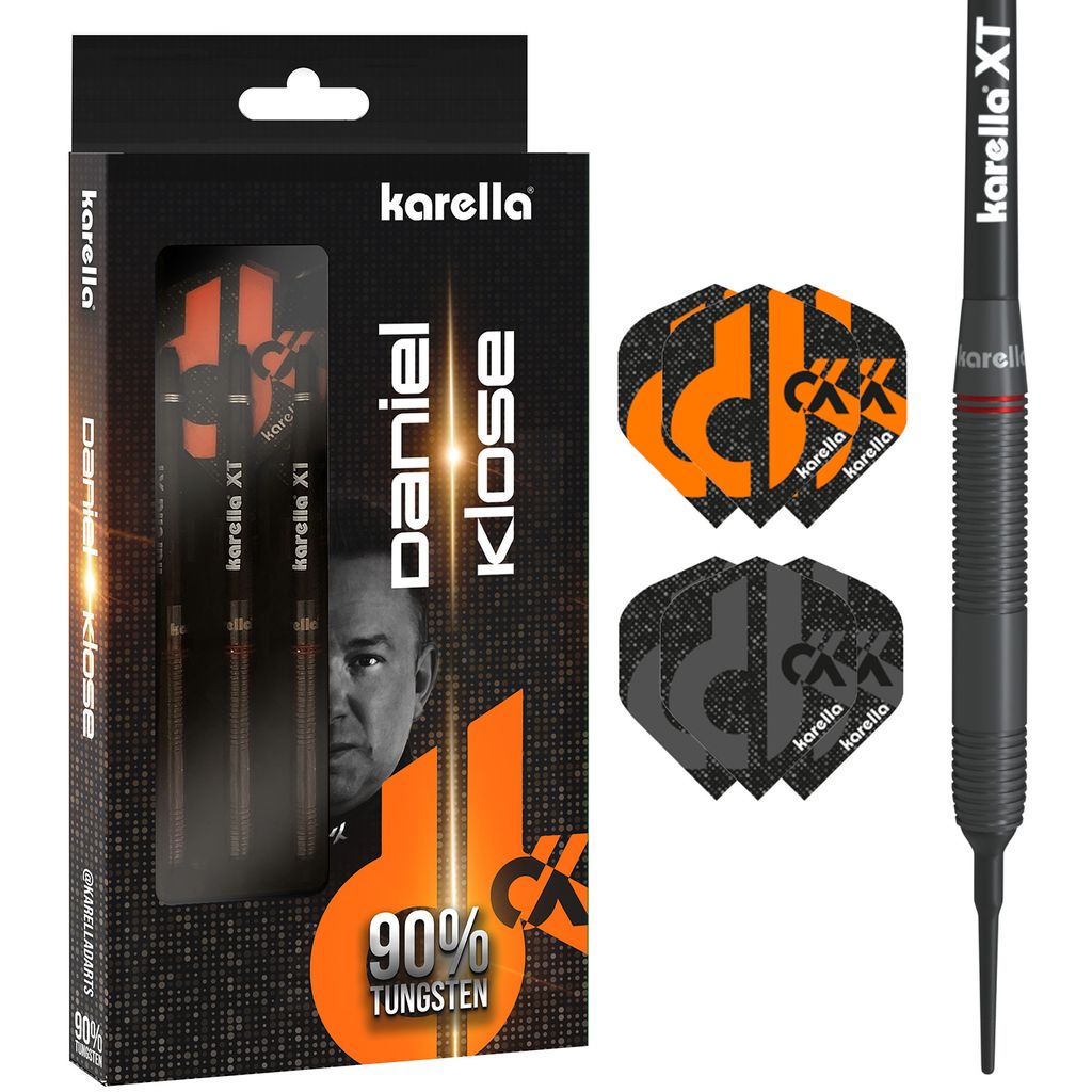 Karella Softdart Daniel Klose, 90% Tungsten, 19 g, 2 Flight Sets, 3 Pfeile mit Kunststoffspitze, für elektronische Dartscheibe, Dartautomat