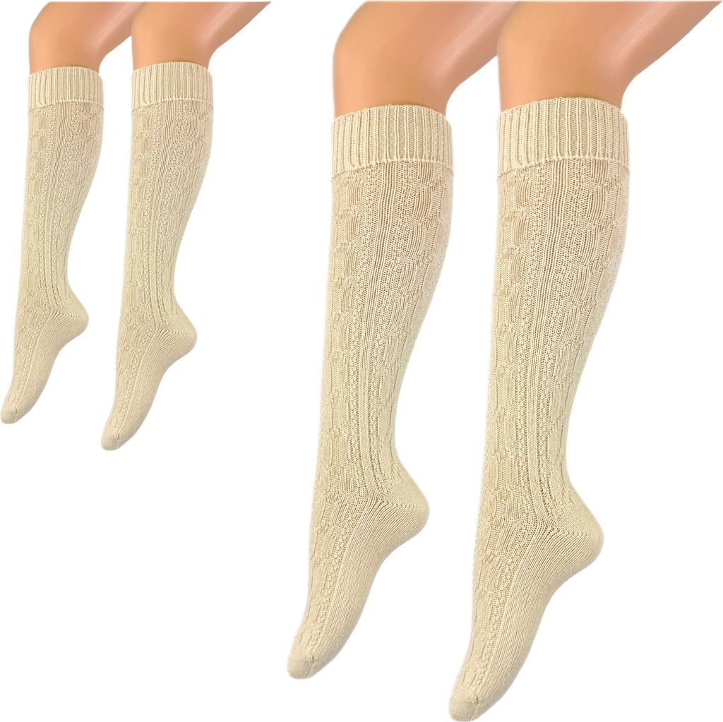 2 Paar klassische Damen und Herren Trachtenstrümpfe Wanderstrümpfe Wandersocken Kniestrümpfe mit edlem Strickmuster Zopfmuster kniehoch beige