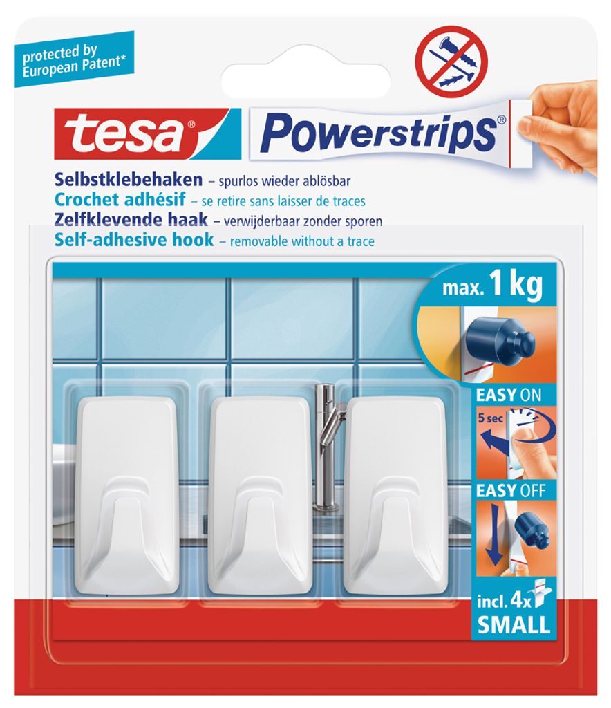 tesa Powerstrips Haken SMALL Rechteck weiß 3 Haken und 4 Strips