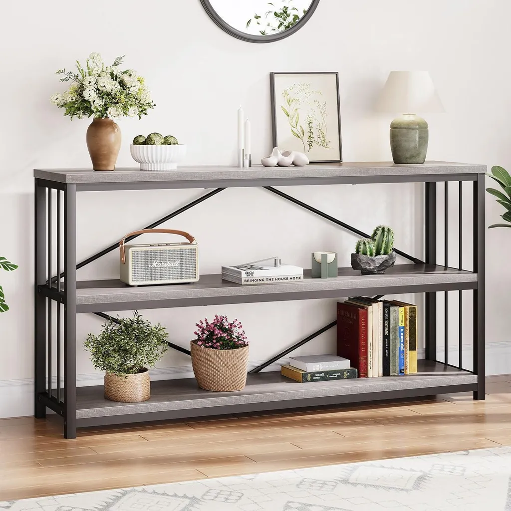Bibliothèque console bois 3 étagères format étroit 140 cm décor chêne