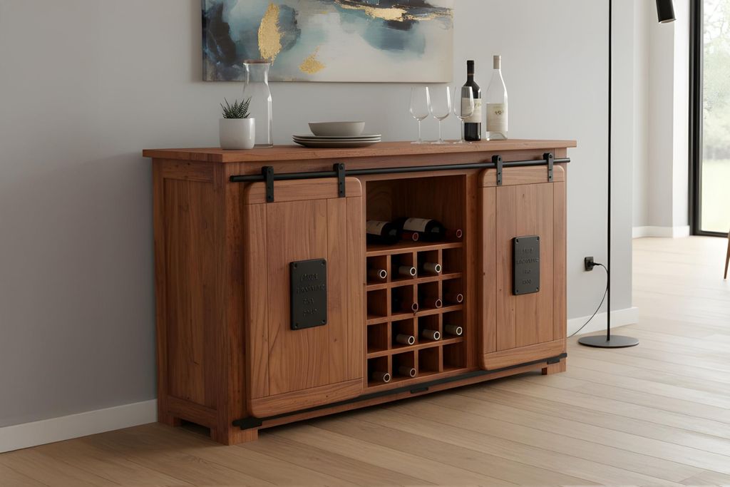 Wein-Sideboard Libro, Akazienholz massiv + nussbaumfarben, Weinschrank mit 2 Holzschiebetüren, 3 Schubladen, 3 offenen Fächern & 16 Flaschenfäch...