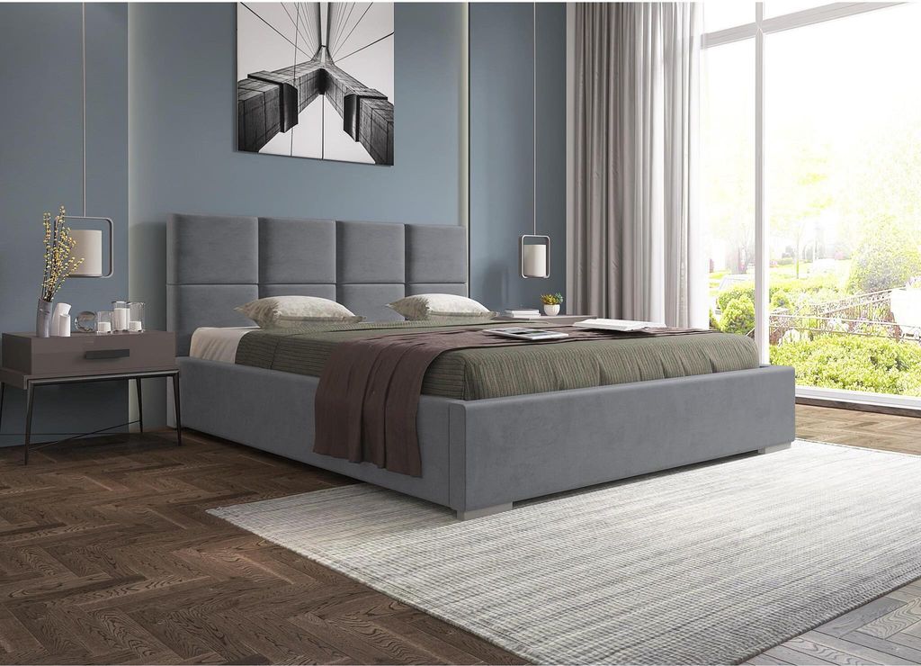 Gepolsterte Bett mit Velours-Bezug Axel Polsterbett mit Holzgestell mit 40 Leisten inklusive Bettkasten und Federmechanismus, Farbe: Grau, Große: ...