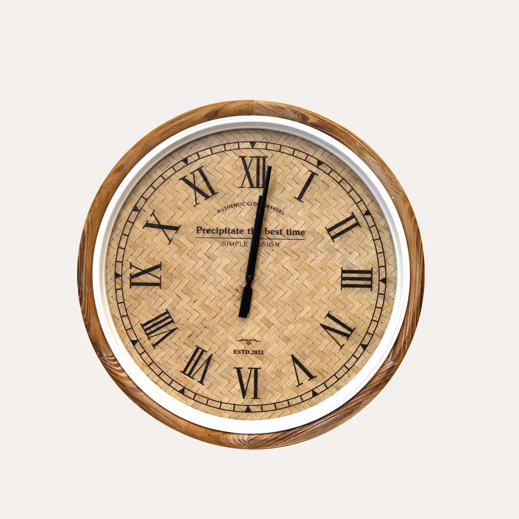 Grande Horloge Murale Ronde en Osier et Bois 60 cm Style Campagne