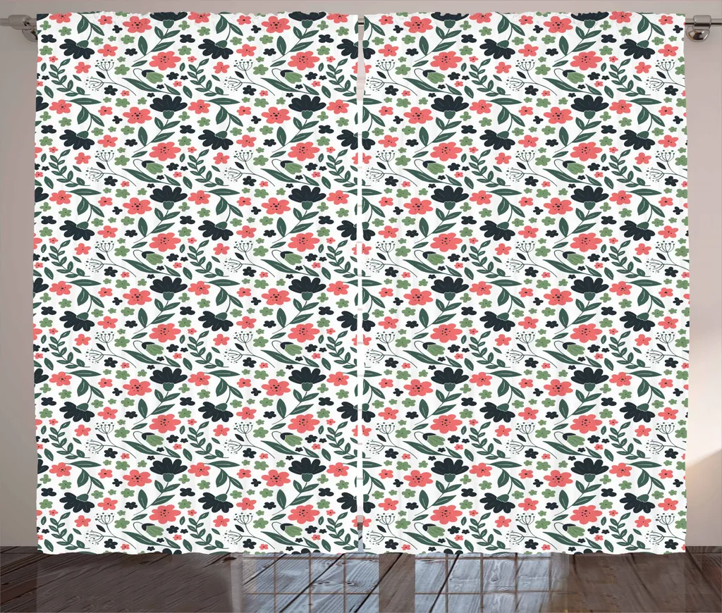 ABAKUHAUS Primavera Tenda rustica, Motivi botanici astratti colorati, Tenda con passanti e ganci per camera da letto, 280 x 245 cm, Verde reseda Verde scuro