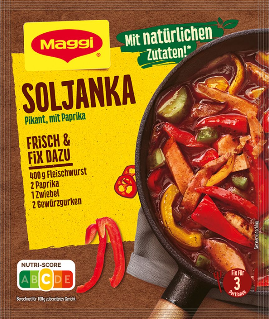 A close-up of a Maggi Fix for Soljanka product package, showing the product name, ingredients, and a depiction of the prepared dish.