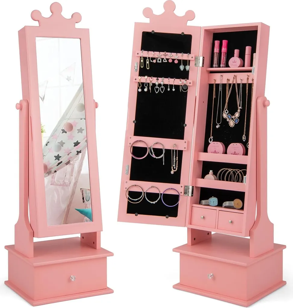 Armoire à bijoux enfant anti-nœuds avec miroir intégral et grand stockage