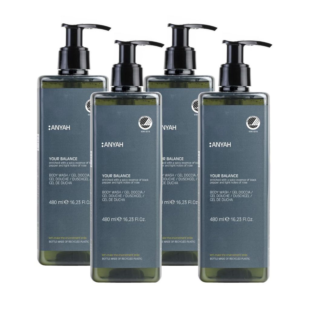 ANYAH Duschgel 4 × 480 ml – Vegan, Feuchtigkeit, empfindliche Haut, Eco - Nicht Nachfüllbar