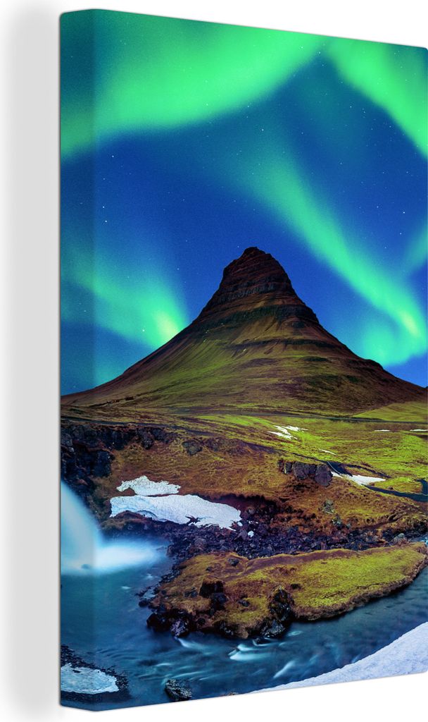 OneMillionCanvasses - Leinwandbilder - 90x140 cm, Nordlicht - Sternenhimmel - Island - Berg - Grün - Wasserfall - See, Wandbilder Kunstdruck Wan...