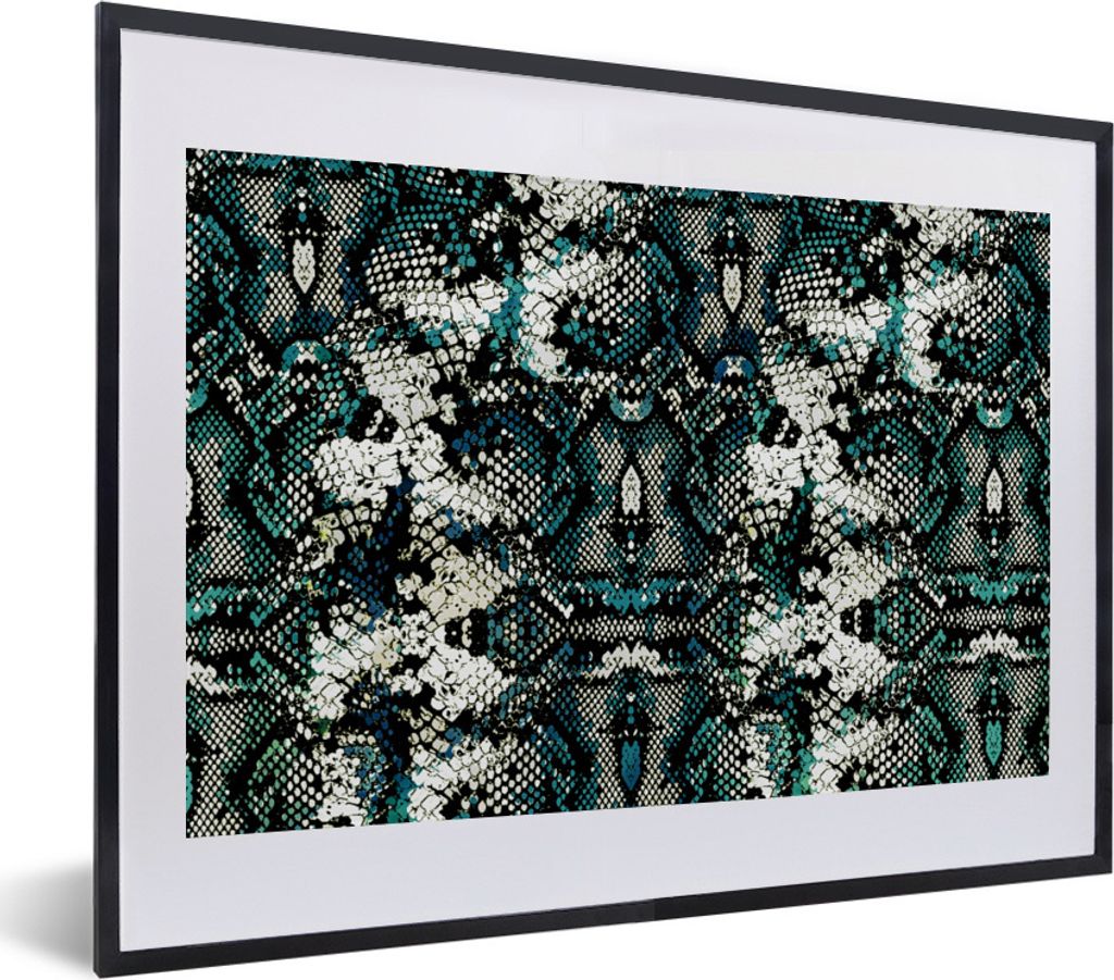 MuchoWow Gerahmtes Poster Tiermuster - Weiß - Schwarz - Türkis 40x30 cm - Poster mit Schwarzem Bilderrahmen Wandposter Rahmen Foto Bilder - Bil...