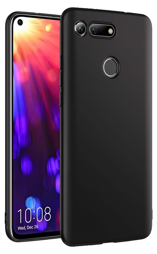 A black silicone phone case is shown from the back, with a phone screen visible on the left.