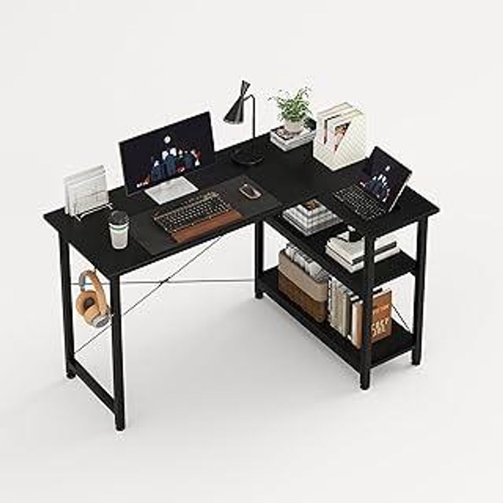 MUTUN L-Formiger Schreibtisch mit 2 Regalen und Stauraum, 120 cm, Schwarz, PC-Tisch