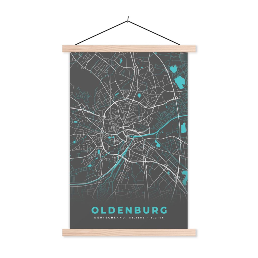 MuchoWow Textilposter Oldenburg - Stadtplan - Blau - Karte - Deutschland 60x90 cm mit holzfarbenen Rahmen - Textil
