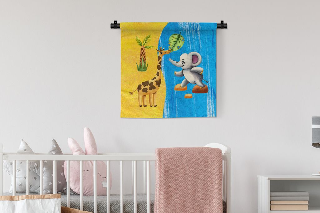 MuchoWow Wandteppich Wandbehang Elefant - Giraffe - Strand - Meer 60x60 cm Tapisserie Dekoration Wandtuch - Dekorationen - Wand Decke