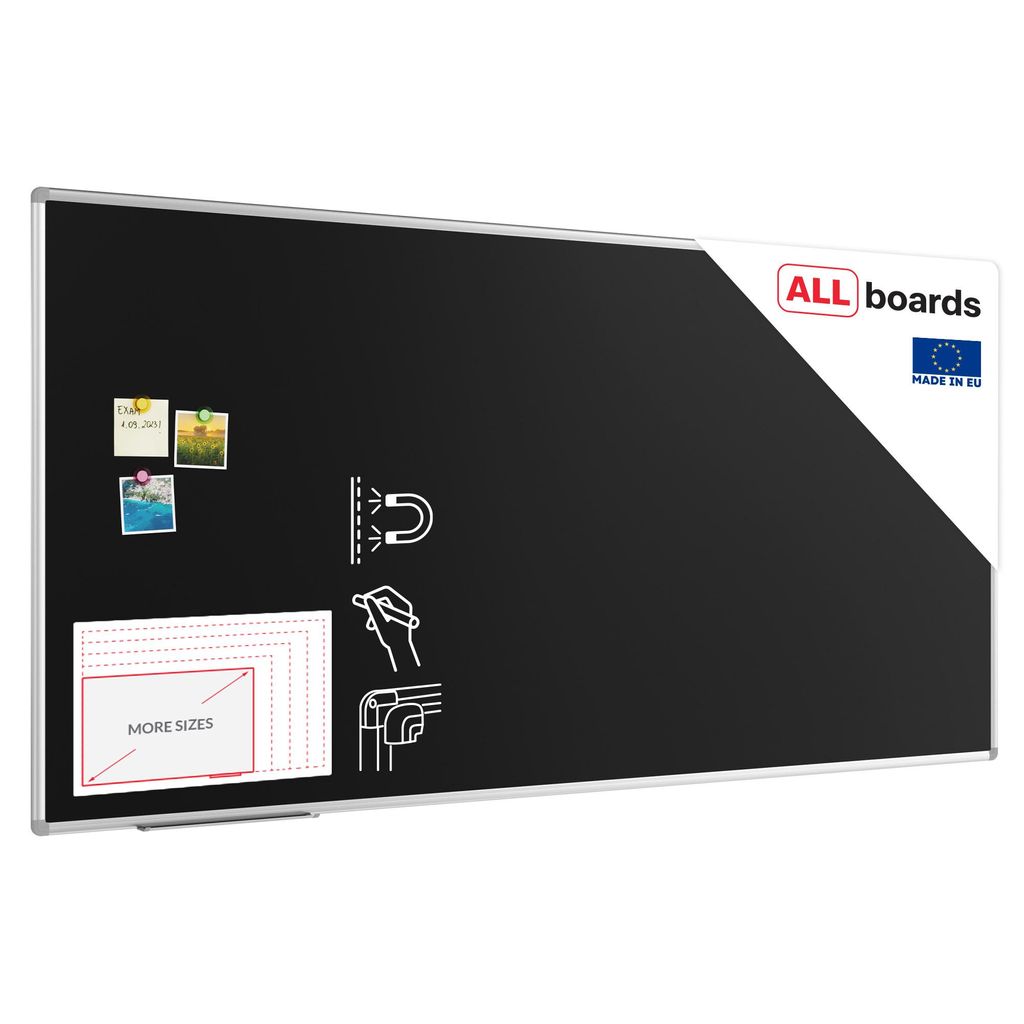 A black magnetic whiteboard with a silver frame, shown from a slight angle against a white background.