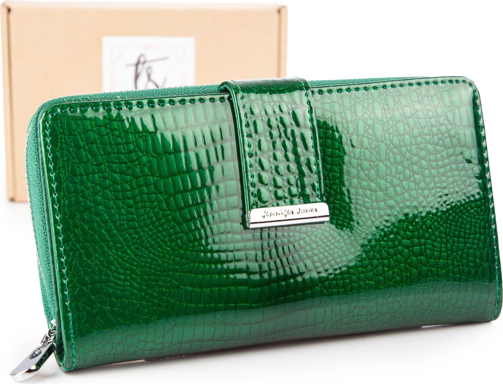 ennifer Jones Damen Echtleder Portemonnaie, Geldbörse Geldbeutel Portmonee groß, RFID-Schutz, 17 Kartenfächer, lackiert, mit Reißverschluss