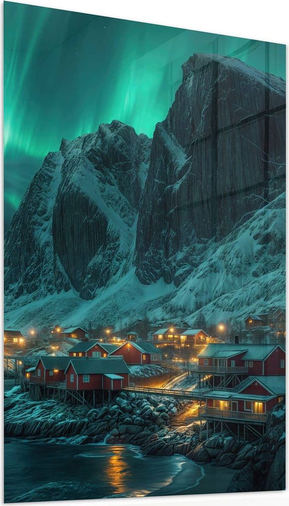 Glasbild 50x75cm in XXL für Wohnzimmer, Schlafzimmer Motiv Nordlichter über Fjord
