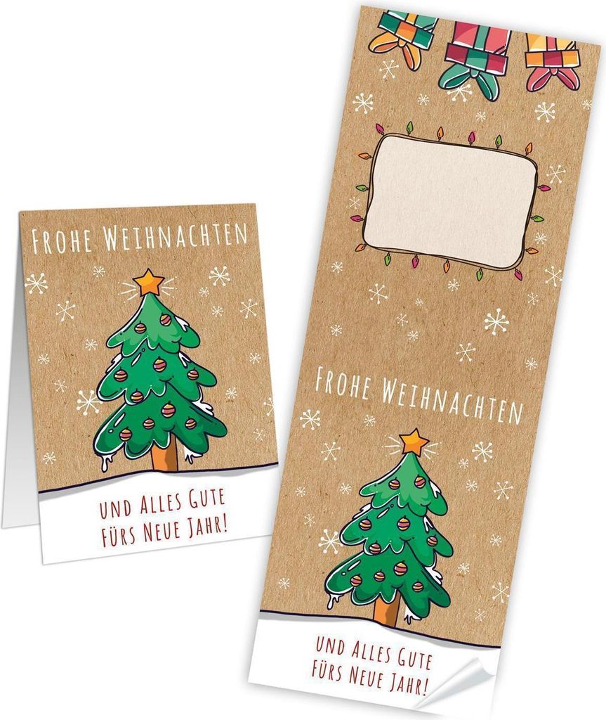 10 lange Weihnachtsaufkleber Baum grün rot beige natur + UND ALLES GUTE FÜRS NEUE JAHR FROHE WEIHNACHTEN UND ALLES GUTE FÜRS NEUE JAHR 7 x 21 cm...