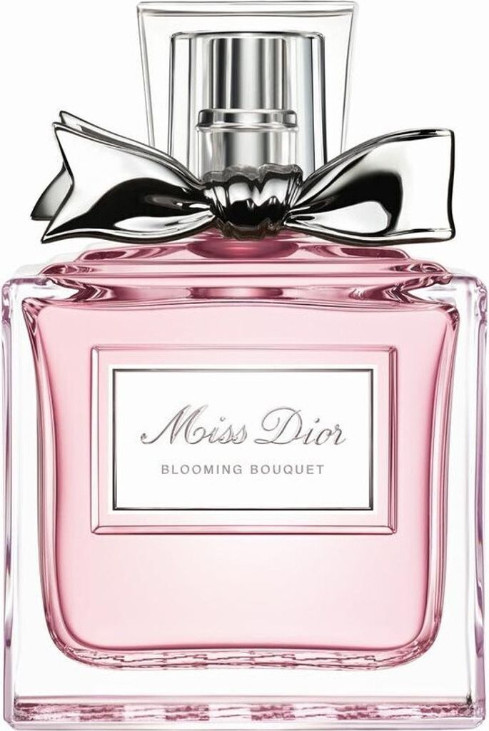 A close-up studio shot of a bottle of Miss Dior Blooming Bouquet perfume.