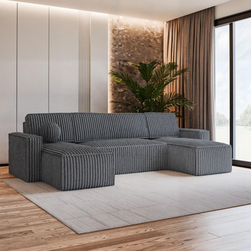 Masseno Ecksofa PESANO T mit Schlaffunktion U-Form, Sofa mit Bettkasten, Wohnzimmersofa, Couch, Soffa, Bettsofa, Couchgarnitur- Grau, TILIA 90