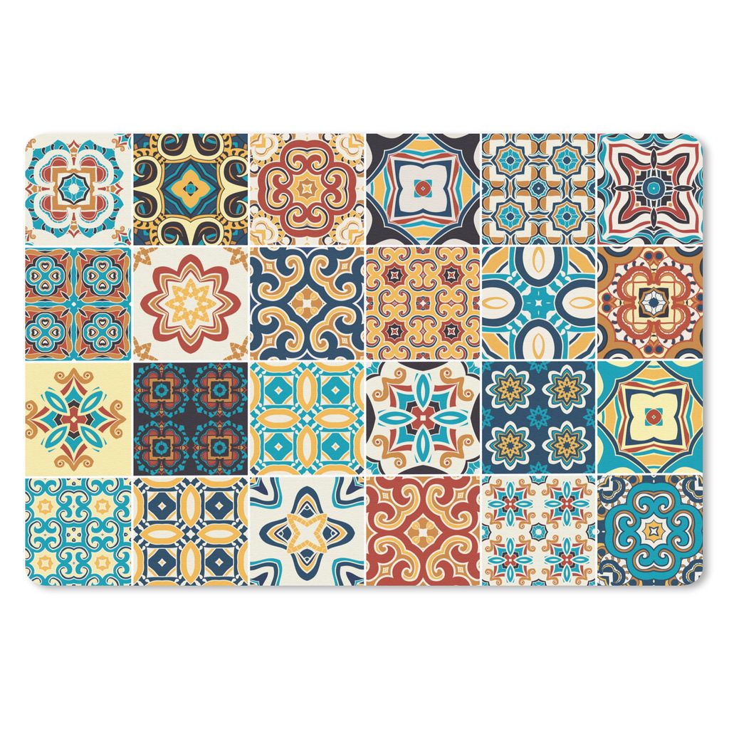MuchoWow Schreibtischunterlage Blumen - Vintage - Muster - Blau - Orange 60x40 cm - XXL Mauspad - Großes Mauspad