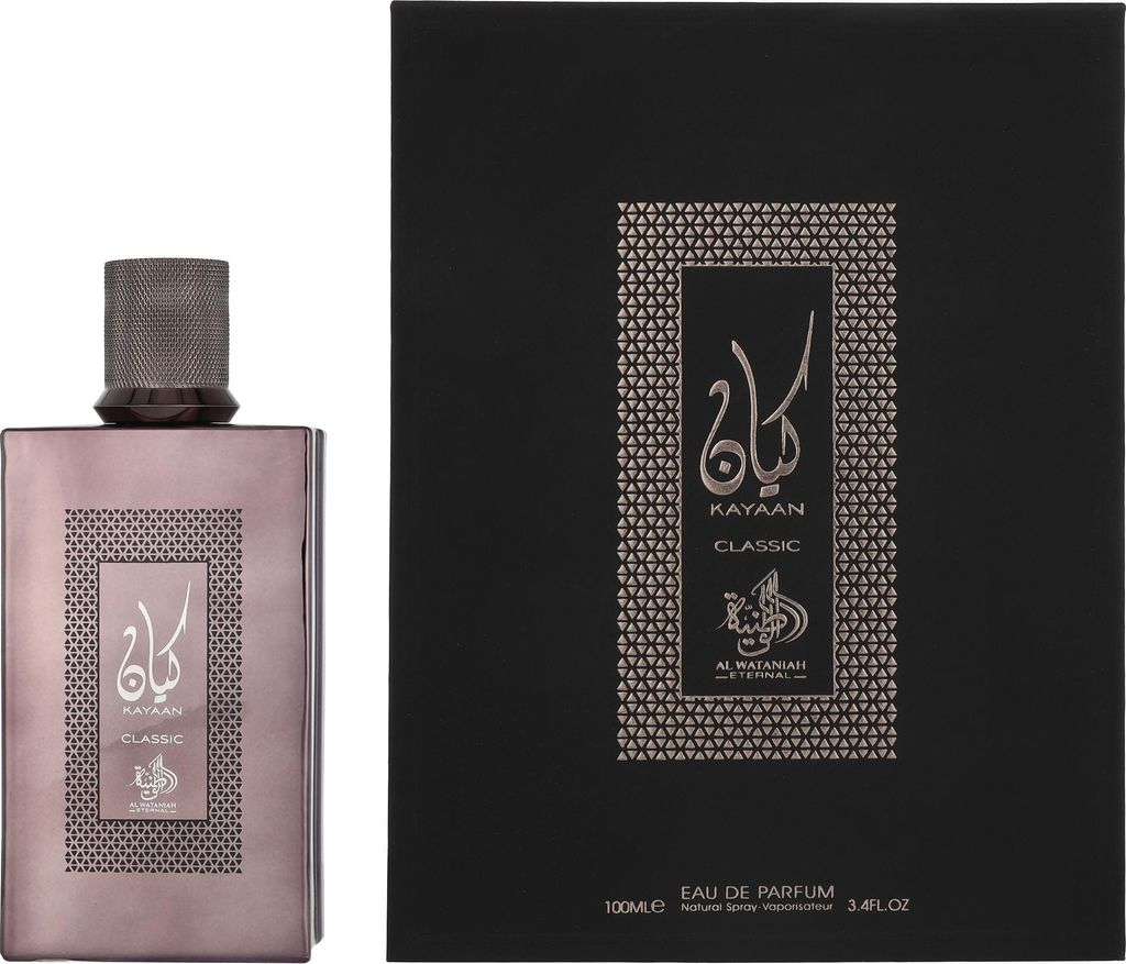 A perfume bottle and its packaging are displayed side-by-side against a white background.