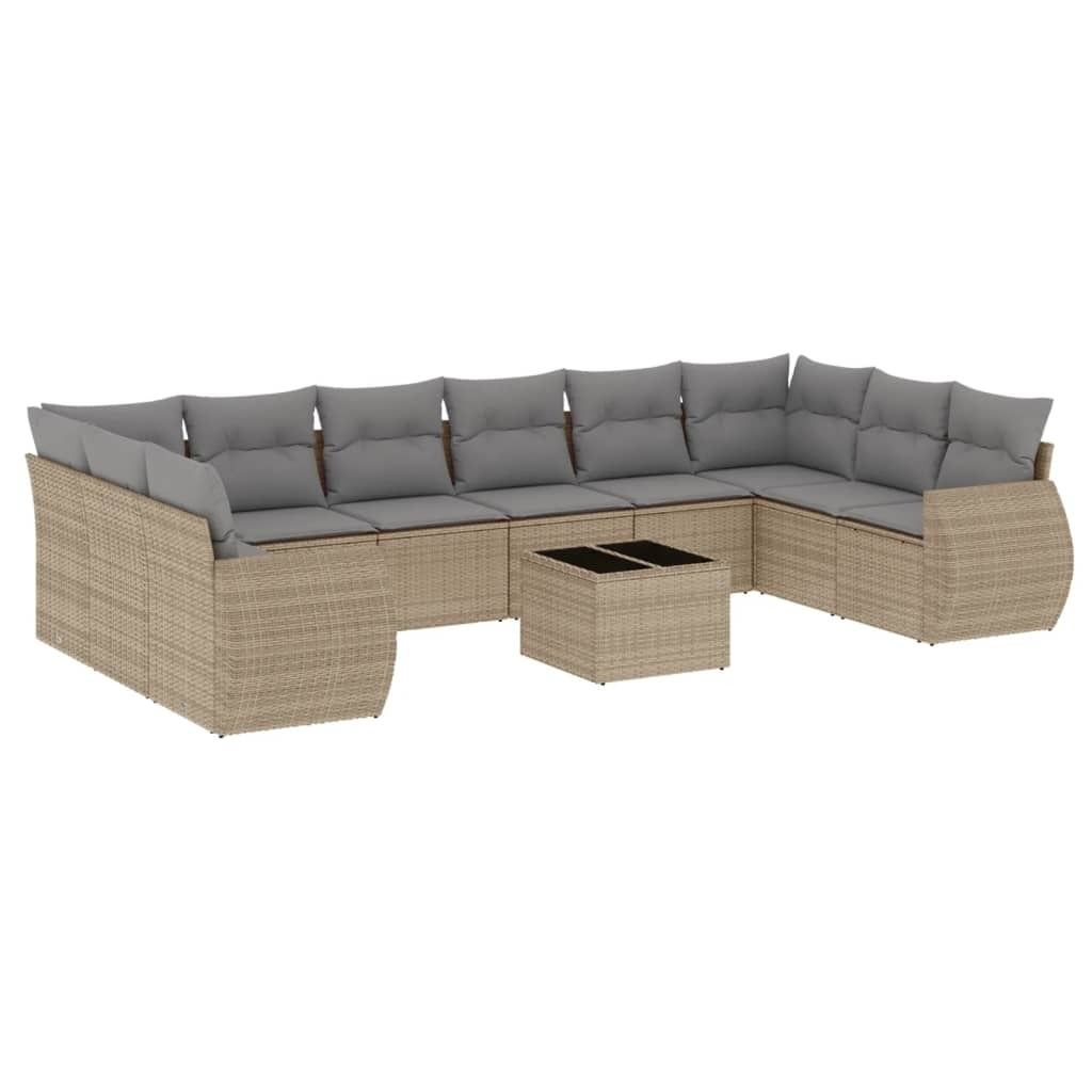vidaXL 11-tlg. Garten-Sofagarnitur mit Kissen Beige Poly Rattan