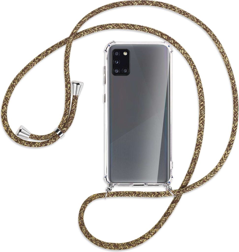 Handykette Backcover-Schutzhülle mit Band (Metall silberfarben) für Samsung Galaxy A31 - braun+beige