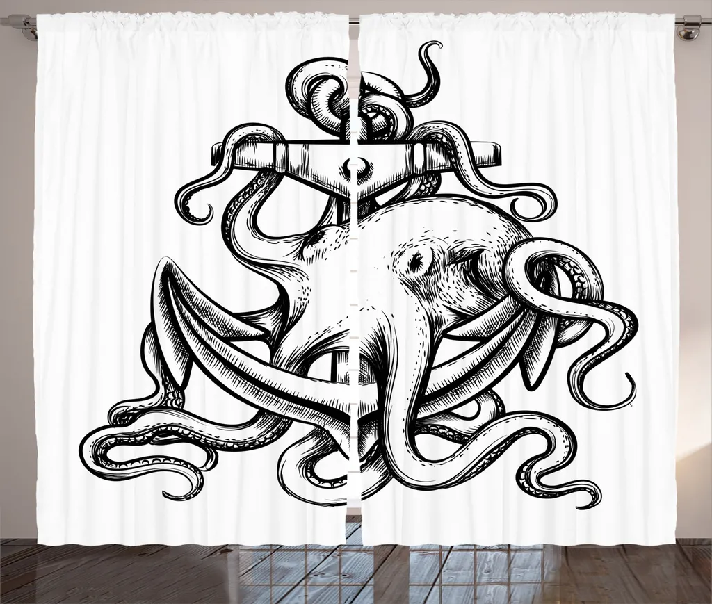 ABAKUHAUS Rideau Pieuvre Thème Marin 280 x 225 cm Noir et Blanc Design