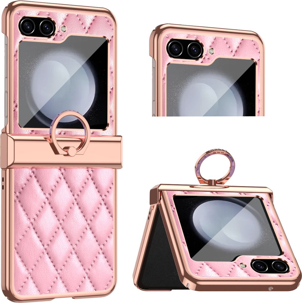Luxus Leder Muster Galvanik Handyhülle für Samsung Galaxy Z Flip 5 mit Ringhalterung und Scharnierschutz Pink