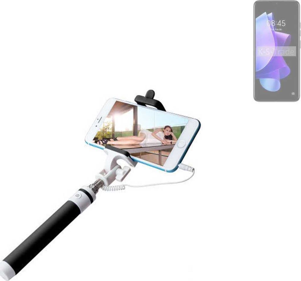 K-S-Trade Selfie Stick kompatibel mit Tecno Pop 7 Selfiestick kabelgebunden Monopod mit Kabel Stab Stange Selfportrait Handheldstick schwarz 1x