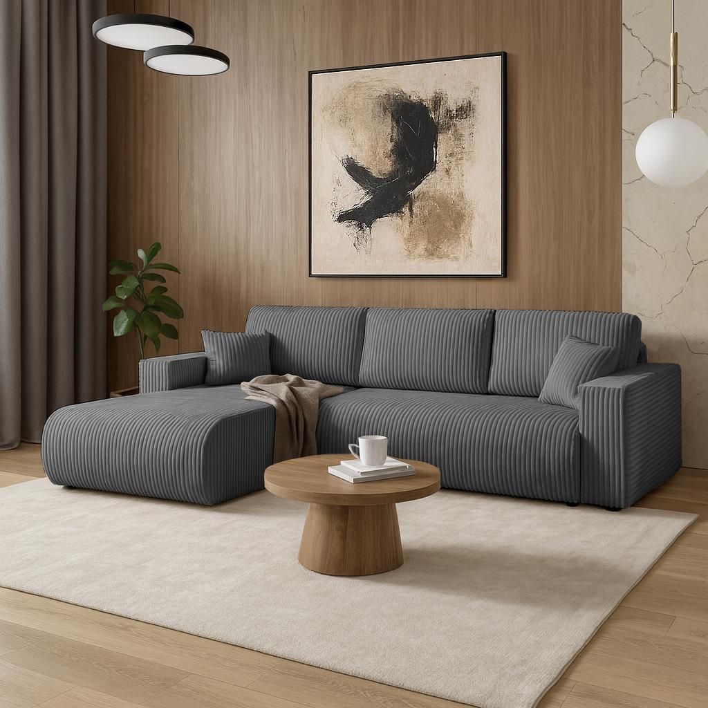BEAUTYSOFA | Ecksofa Porto L-Form, Wohnzimmer Sofa mit universelle Ottomane, Ecksofa mit Schlaffunktion und Bettkasten, Couch modern in Dunkelgrau