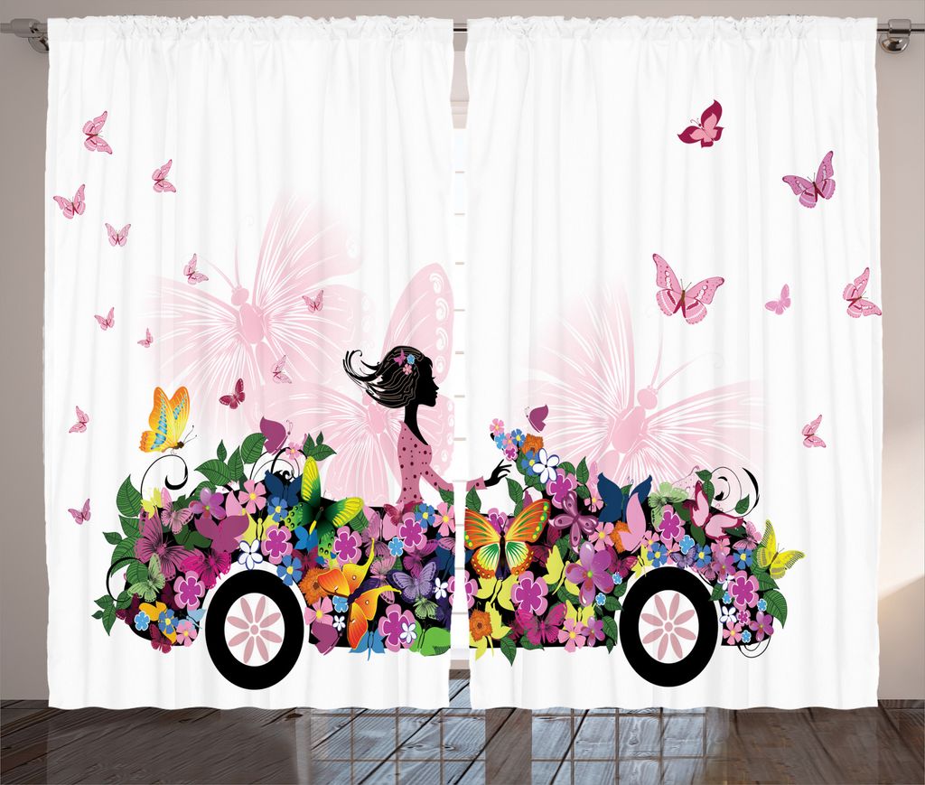 ABAKUHAUS Mädchen Rustikaler Vorhang, Blumen Auto Schmetterlinge, Wohnzimmer Universalband Gardinen mit Schlaufen und Haken, 280 x 225 cm, Mehrfarbig