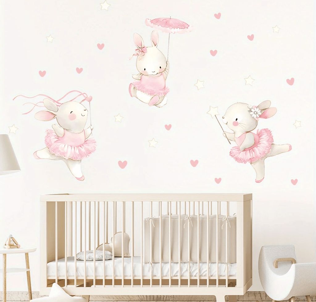 Wandtattoo Kinder Tier Wandsticker,Wandaufkleber mit Kaninchen tanzen Herz Möbel,Wandtattoo für Mädchenzimmer, Babyzimmer