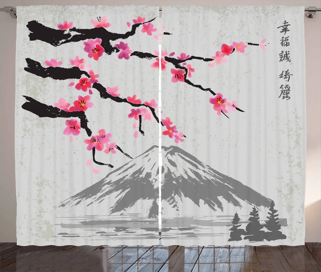 ABAKUHAUS Tenda rustica giapponese, fiori di ciliegio Fujiyama, tende universali per soggiorno con passanti e ganci, 280 x 175 cm, grigio, nero e rosa