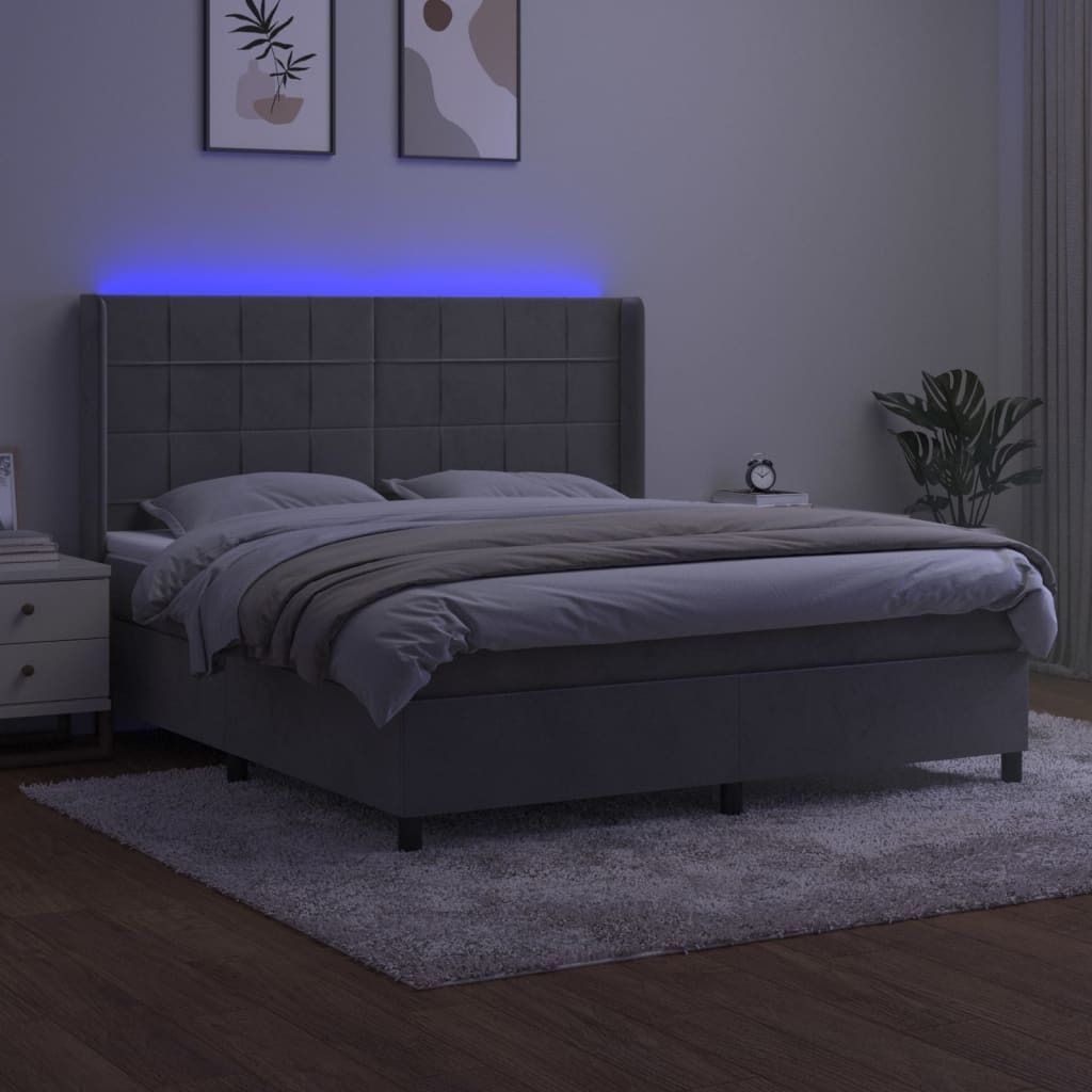 vidaXL Boxspringbett mit Matratze & LED Hellgrau 180x200 cm Samt - Boxspringbett - Boxspringbetten - Bett - Betten