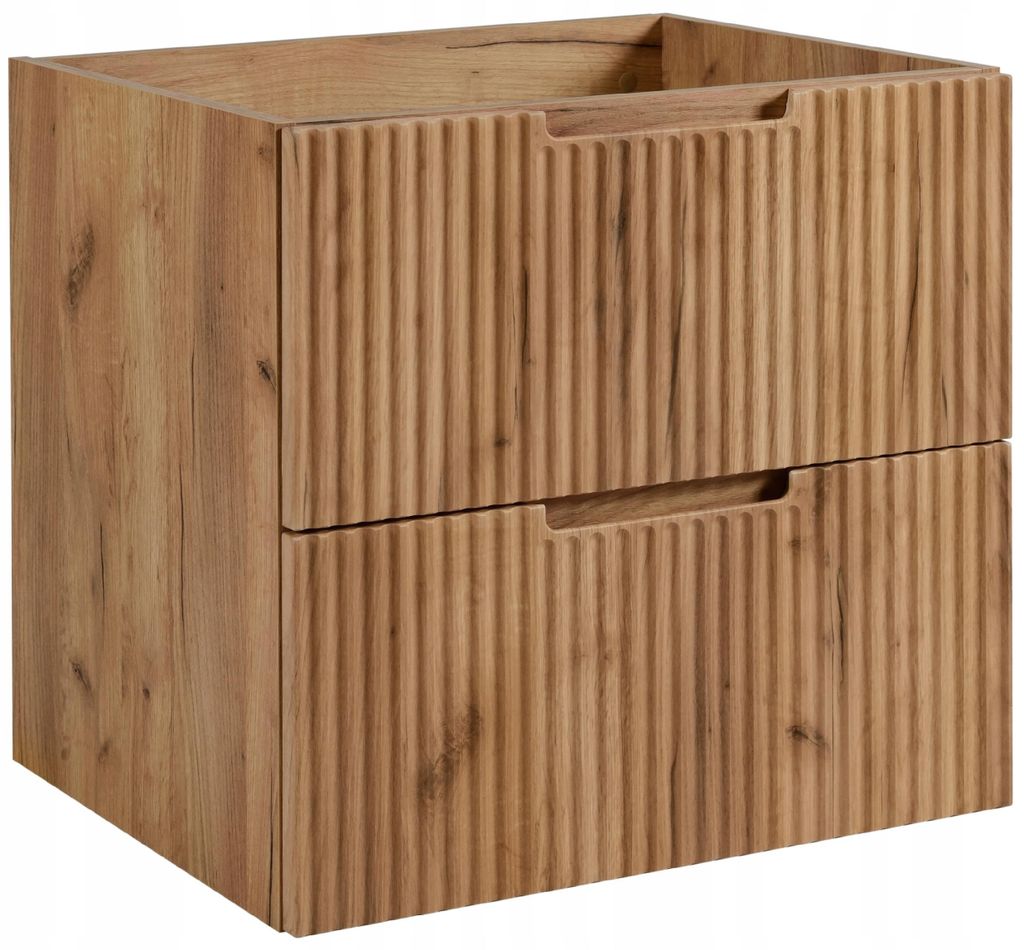 A brown oak-colored cabinet with two drawers, featuring grooved fronts.