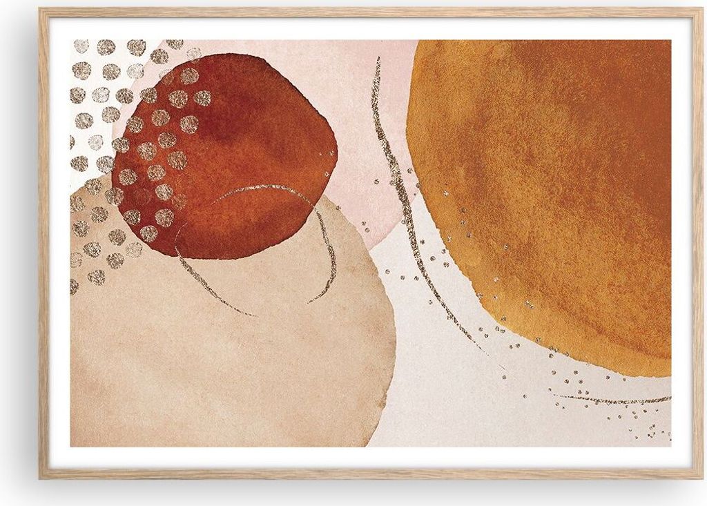 Gerahmtes Poster - Rahmen in heller Eiche - Orange Abstraktion Flecken - 100x70 cm - Wand Bild - Wanddeko - Wandbilder - Kunstposter - Wandposter -...