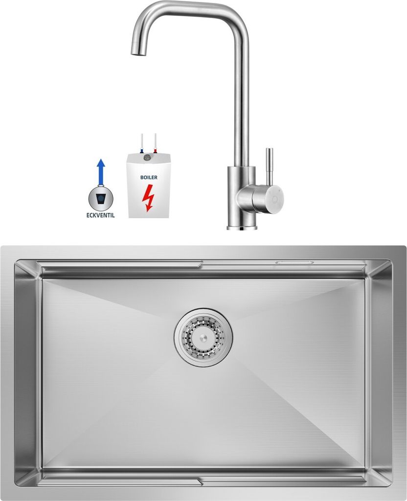 CECIPA Handgefertigte Küchenspüle aus Edelstahl, 70 x 44 cm, Gebürsteter + Gebürstete Niederdruck-Küchenarmatur, geeignet für Boiler