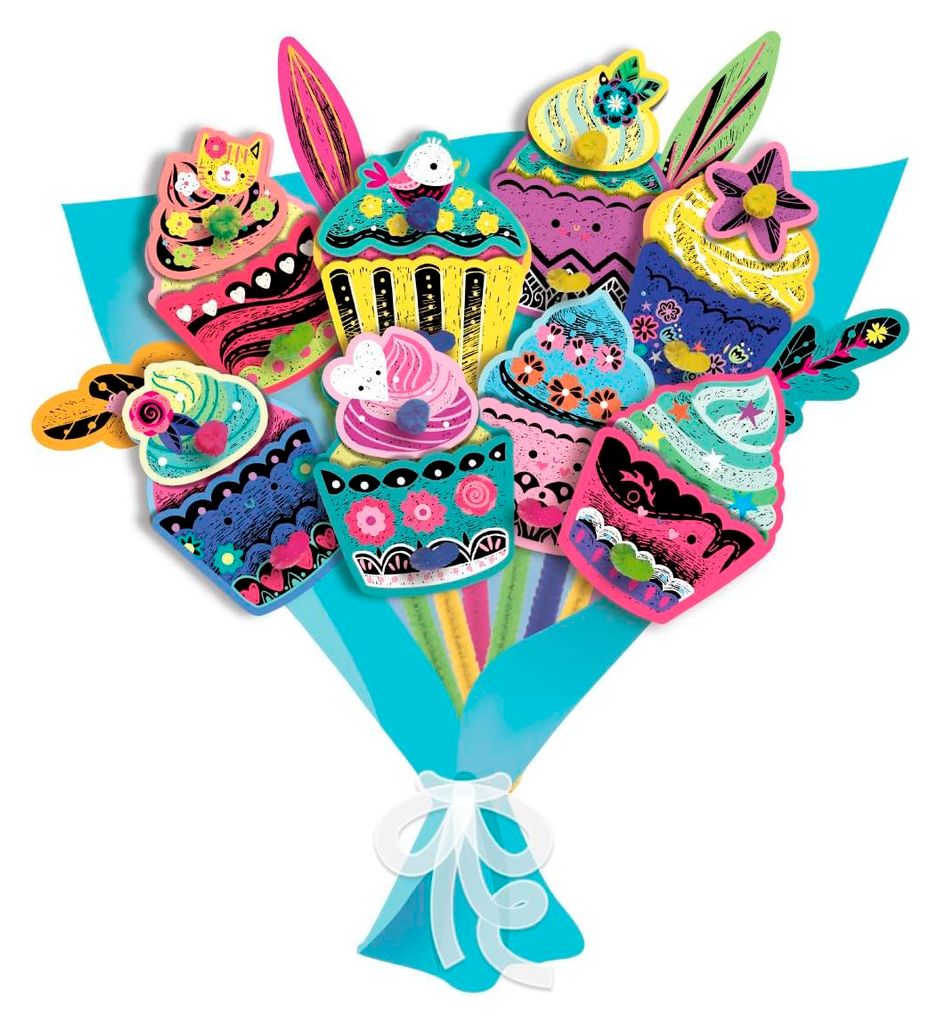 Avenir Kratzbilder Bastelset Cupcakestrauß, DIY Kreativset für Kinder ab 5 Jahren