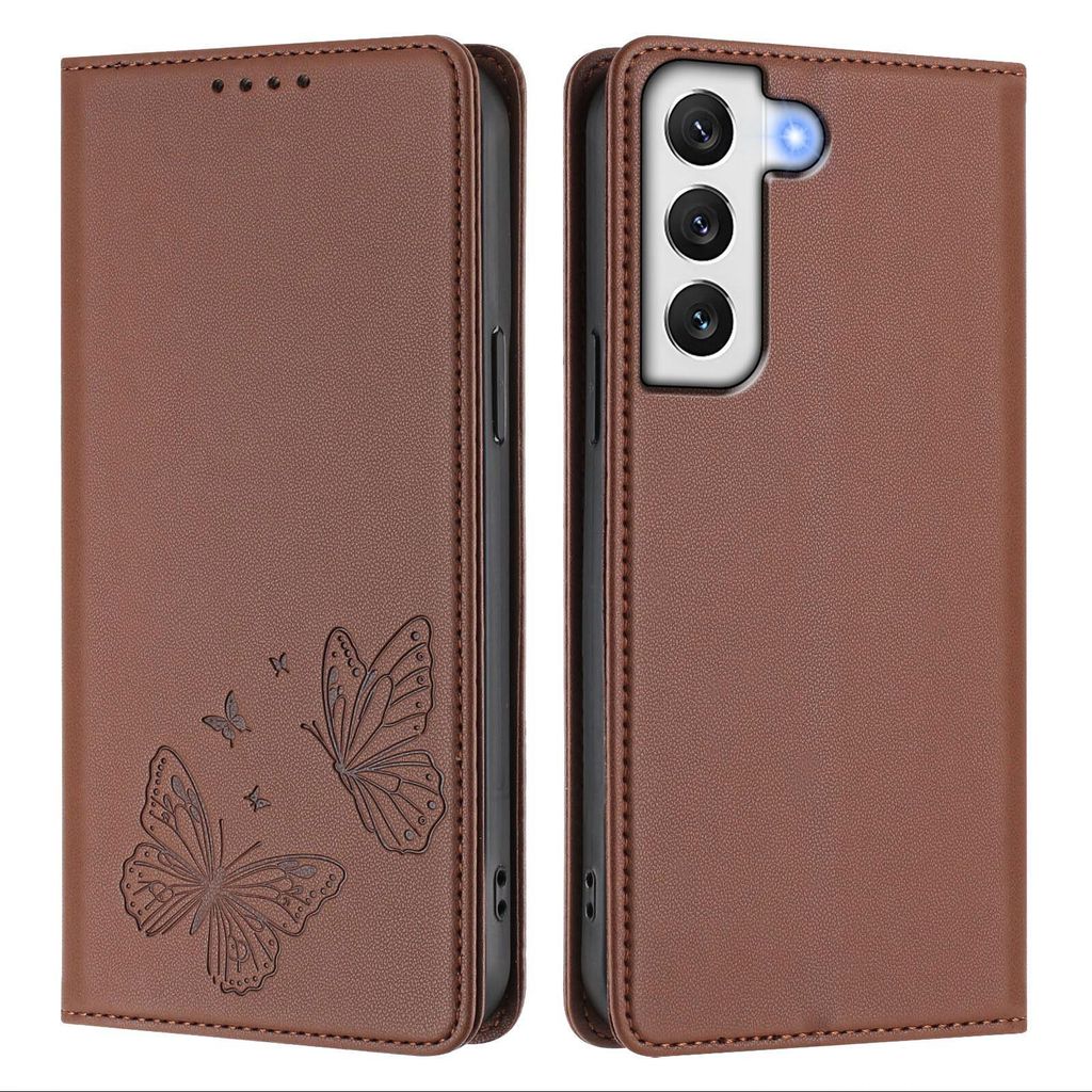 Lederhülle für Samsung Galaxy S22+ 5G, Schmetterling Prägung Leder Brieftasche Schutzhülle mit Ständer Braun