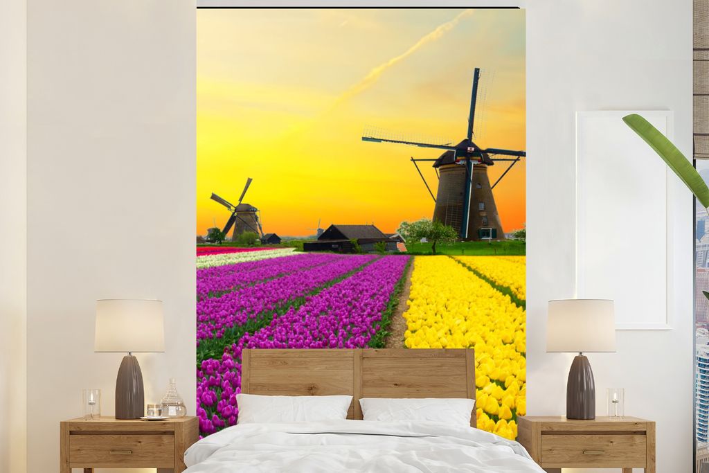 MuchoWow Fototapete für Wohnzimmer oder Schlafzimmer Wandtapete Vinyl Motivtapete Windmühle - Tulpen - Blumen - Frühling - 180x280 cm - Wallpaper