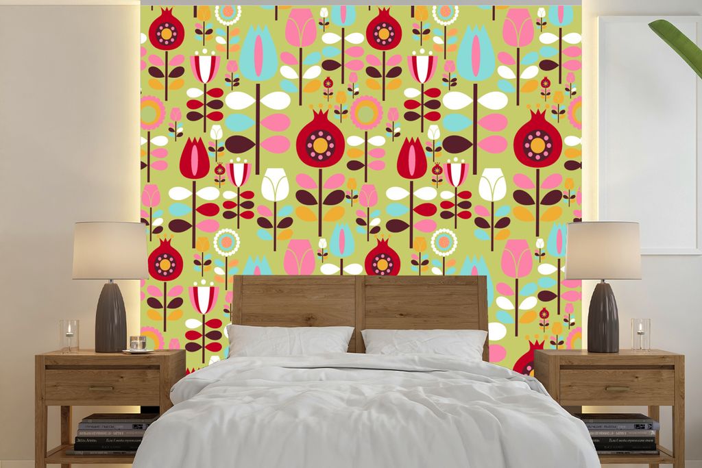 MuchoWow Fototapete für Wohnzimmer oder Schlafzimmer Wandtapete Vinyl Motivtapete Muster - Blumen - Farben - 280x280 cm - Hintergrundbild