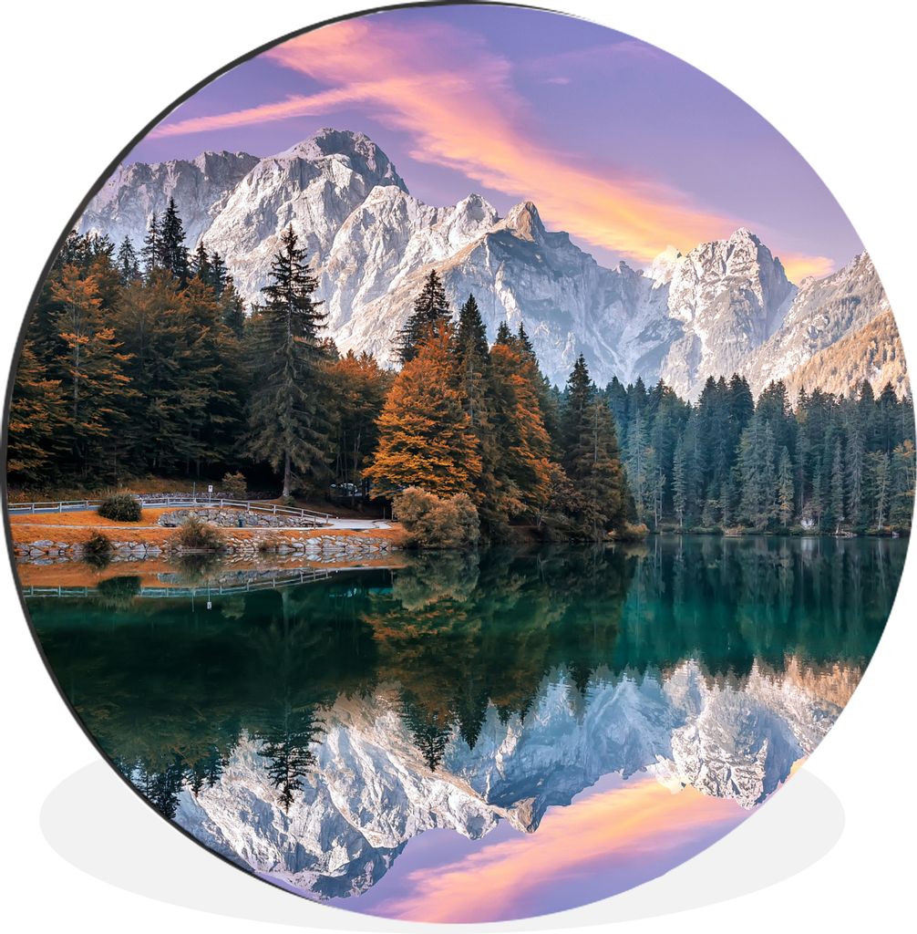 MuchoWow Aluminium Wandkreis Berg - Wald - Wasser - Himmel - Rosa - Lila Ø 90 cm Wanddeko Modern Wohnzimmer - Mauerkreis - Wandbilder - Runde Bi...