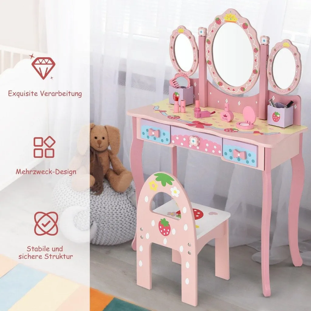 Table de maquillage enfant rose avec grand miroir et tiroir de rangement