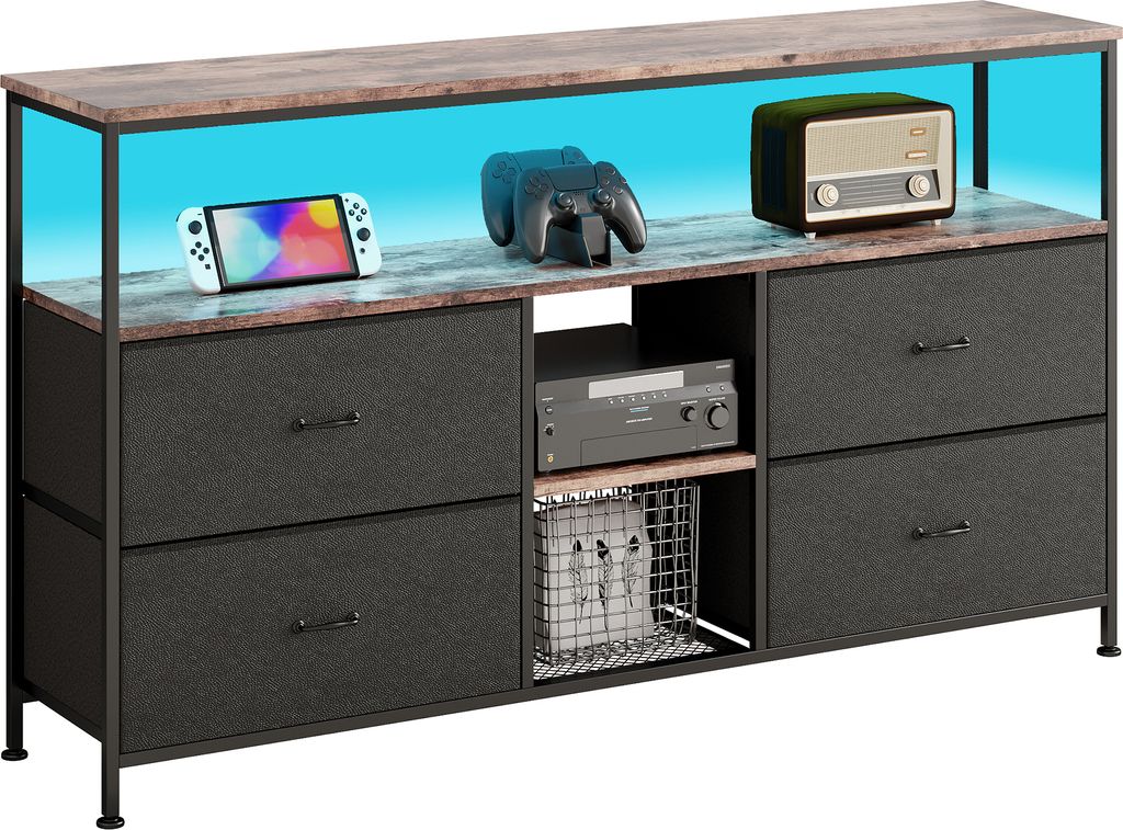 Fortuna Lai TV-Schrank 137 cm - Tigerholz-Optik mit schwarzen Stoffschubladen, Moderner Fernsehtisch für Wohnzimmer