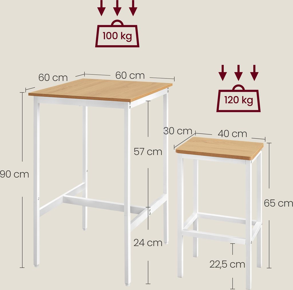 VASAGLE Bartisch-Set mit 2 Barhockern, 60 x 60 x 90 cm, Produktbild 3