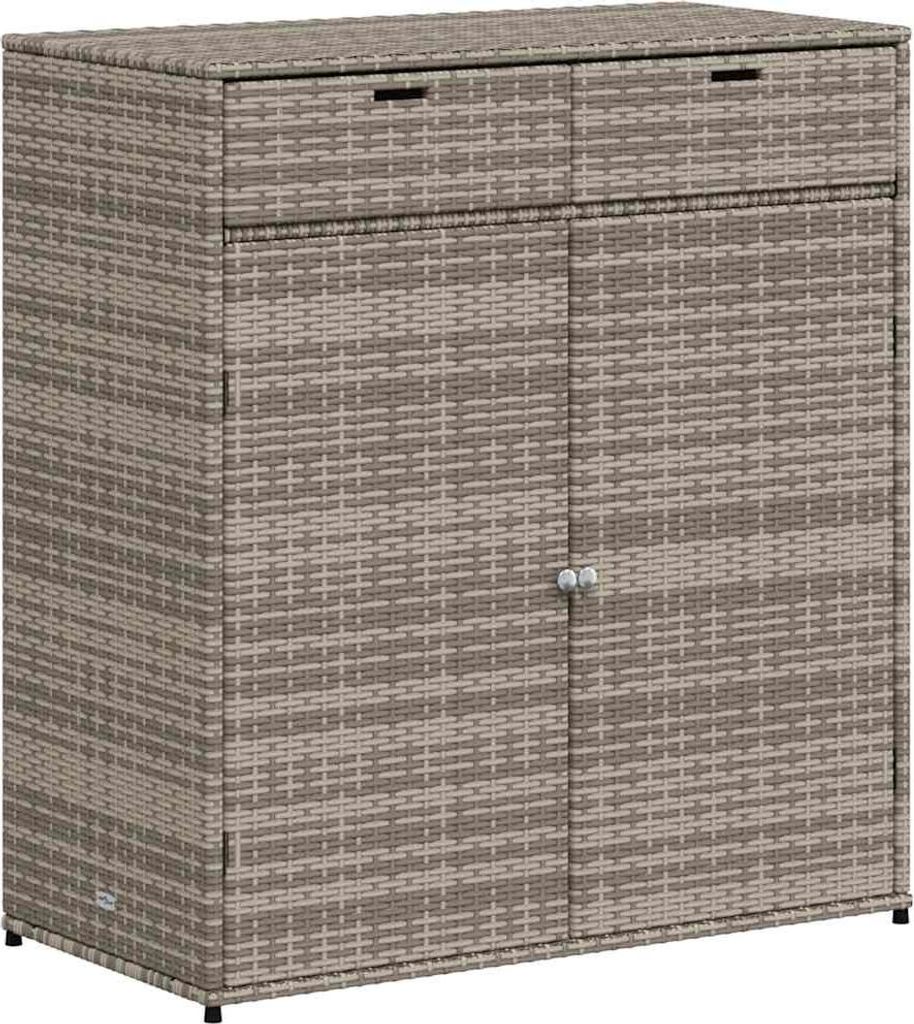 A grey poly rattan garden cabinet with two drawers and two doors.