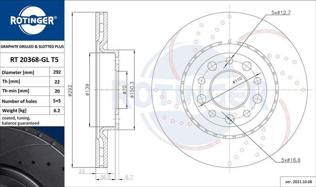 ROTINGER RT 20368-GL T5 Bremsscheibe OE 46843611 kompatibel mit Spider, Brera, Alf. 159