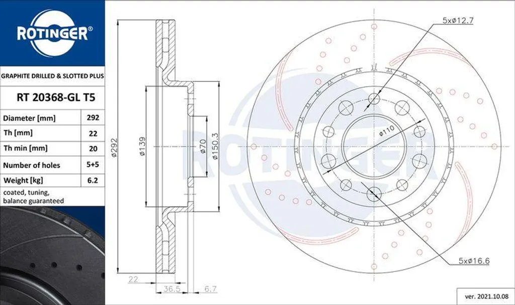 Disque de frein ROTINGER RT 20368-GL T5 pour Alfa Romeo 159 et Spider