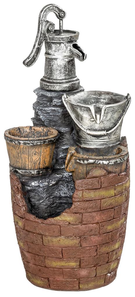 Springbrunnen 4-stufig rustikal Gartenbrunnen mit LED Beleuchtung Pflanzkübel Pumpe, Verstellbar 34 x 31 x 76 cm